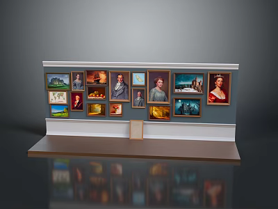 Elegant Reception Desk Featuring Polished Reflective Top And Wall With Various Artworks 3d model