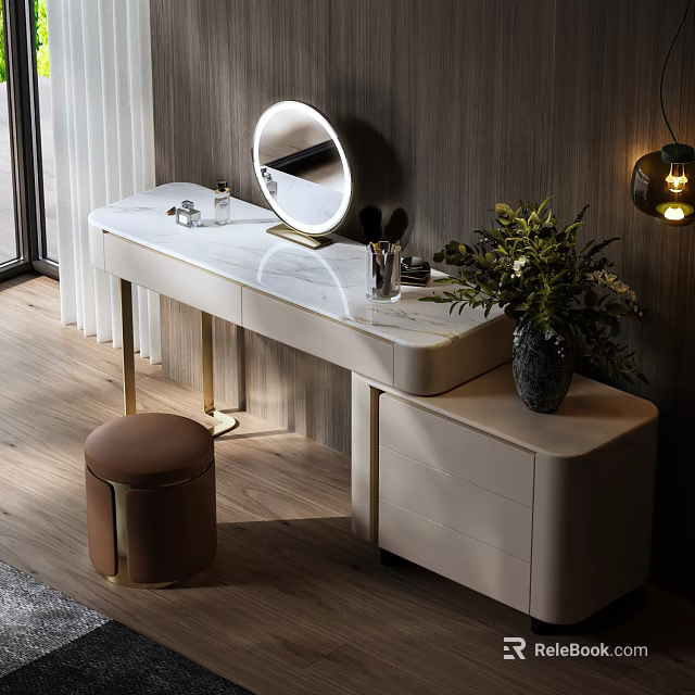 Elegant Modern Dressing Table With Marble Top Round Mirror And Gold Stool 3d model