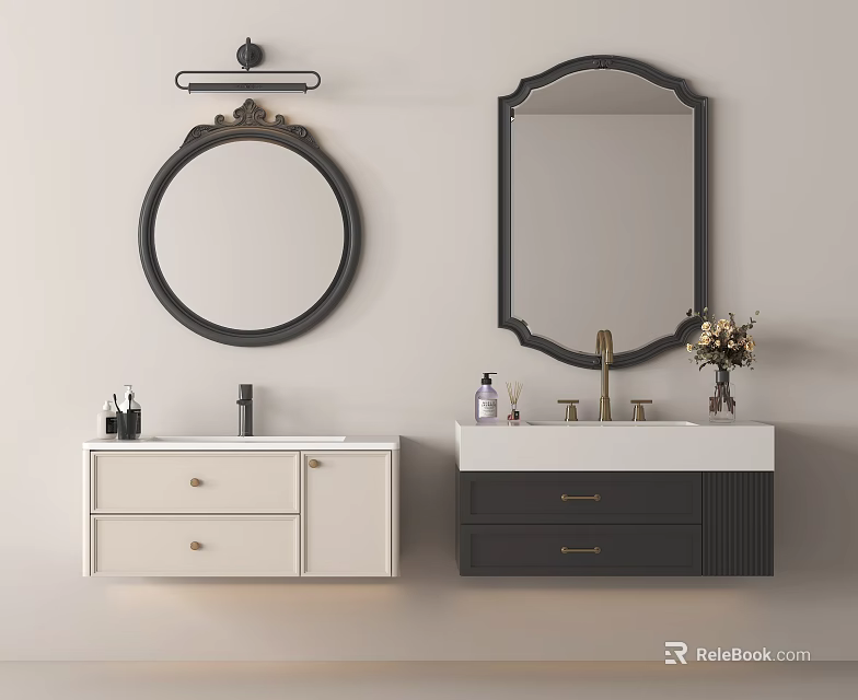 Modern Double Vanity with Round Rectangular Mirrors Toiletries and Flower Vase 3d model