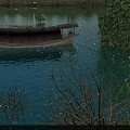 Beautiful Wetland Garden Landscape With Lush Green Plants Flying Wild Birds And Ancient Wooden Boat