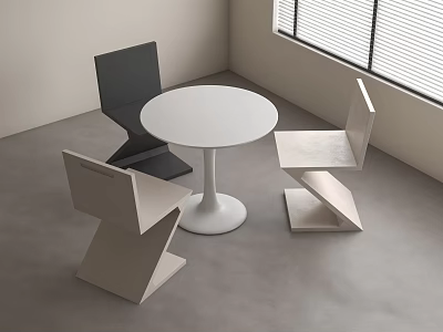 Modern White Round Table With Geometric Black And Beige Chairs In Minimalist Room 3d model