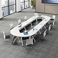 Modern Conference Table In Office With White Chairs Laptop Water Bottle Large Windows City View
