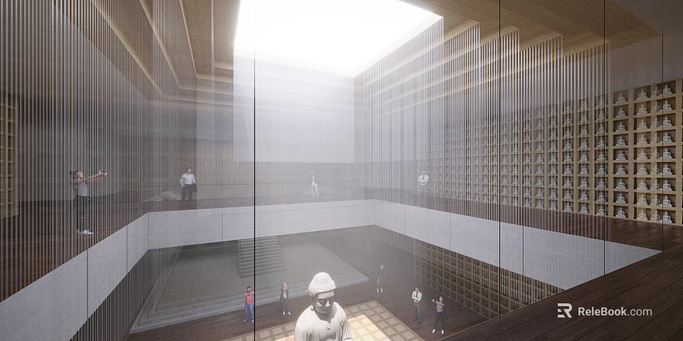 Religious Faith Exhibition Space With Modern Interior Buddha Statue And Visitors 3d model 