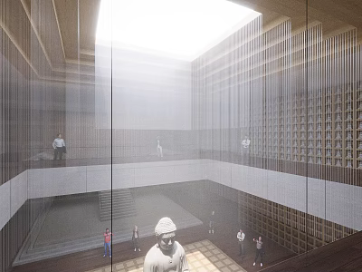 Religious Faith Exhibition Space With Modern Interior Buddha Statue And Visitors 3d model