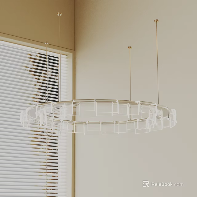 Transparent Circular Chandelier with Square Frame Design in Room with Blinds 3d model 