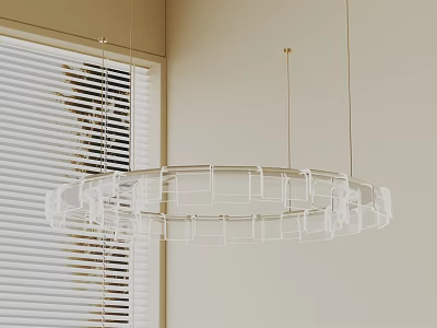 Transparent Circular Chandelier with Square Frame Design in Room with Blinds 3d model
