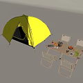 Yellow Tent Outdoor Camping Setup With Folding Chairs And Dining Table Topped With Food