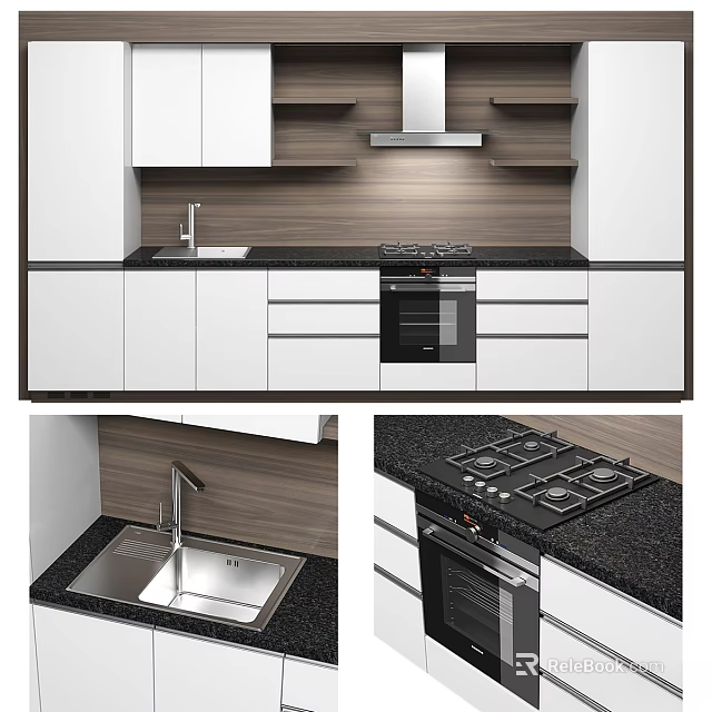 Modern Kitchen Interior With White Cabinets Wooden Countertop Black Stove Sink And Oven 3d model 