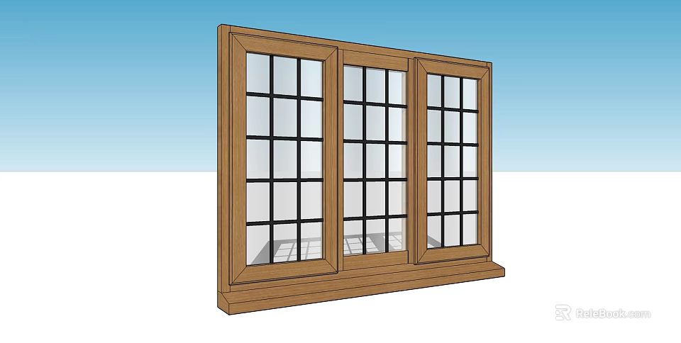 Wooden Three Panel Window With Grid Glass And Exterior Frame Design 3d model