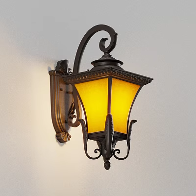 Vintage Wall Sconce with Ornate Metal Design Yellow Glass Shade Emiting Warm Light 3d model
