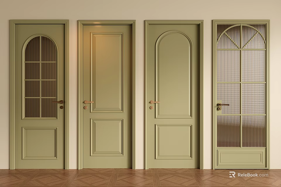 Light Green Hinged Doors With Arched Glass Panes Grid Design And Simple Lines In Interior 3d model 