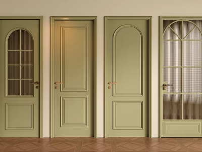 Light Green Hinged Doors With Arched Glass Panes Grid Design And Simple Lines In Interior 3d model