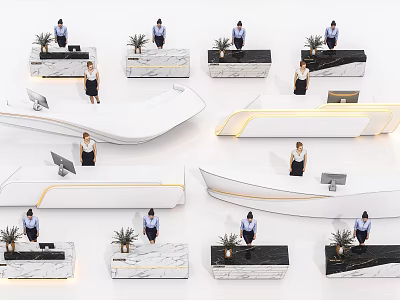 Various Modern Reception Desk Designs With Receptionists Plants And Marble Tops 3d model