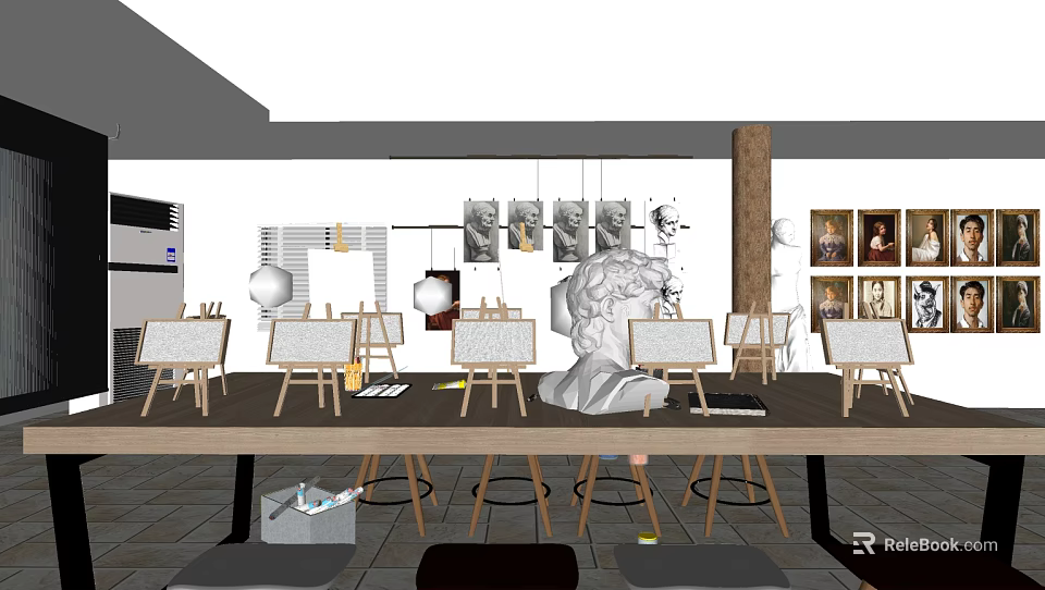 Art Studio Interior With Easels Plaster Statue And Hanging Paintings 3d model 