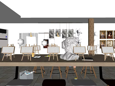Art Studio Interior With Easels Plaster Statue And Hanging Paintings 3d model