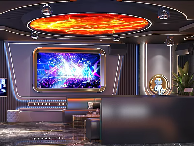 Modern KTV Lounge Interior With Large LED Screen Colorful Ceiling Lights And Comfortable Sofa 3d model