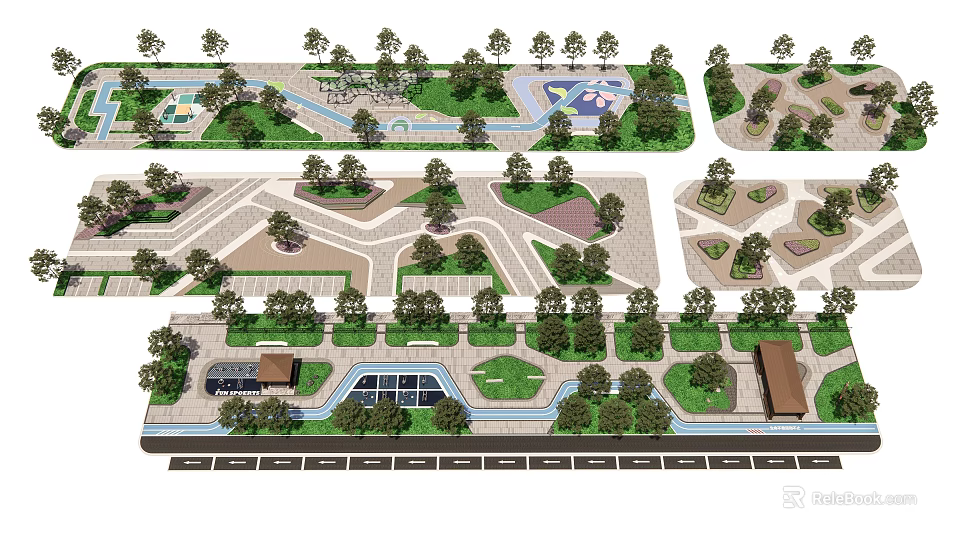Creative Garden Landscape Design With Green Spaces Walking Paths And Trees 3d model