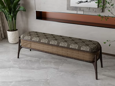 Stylish Sofa Bench With Patterned Cushion Wicker Design Gray Floor And Green Plant Decor 3d model