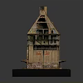Cartoon Scene Featuring Dilapidated Wooden House with Multiple Floors Broken Roof Graffiti and Moss