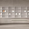 White Open Kitchen Cabinets with Shelves and Containers on Gray Wall Wooden Floor