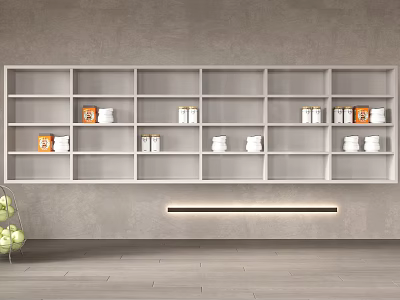 White Open Kitchen Cabinets with Shelves and Containers on Gray Wall Wooden Floor 3d model