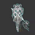 Horned Fantasy Creature Character With Twin Ponytails Red Golden Outfit And Decorative Weapon