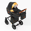 Modern Black And Orange Baby Pram With Leather Material And Storage Bag