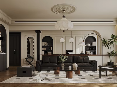 Elegant Living Room Interior With Chandelier Leather Sofa Bookshelves Rug And Potted Plant 3d model
