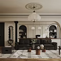 Elegant Living Room Interior With Chandelier Leather Sofa Bookshelves Rug And Potted Plant