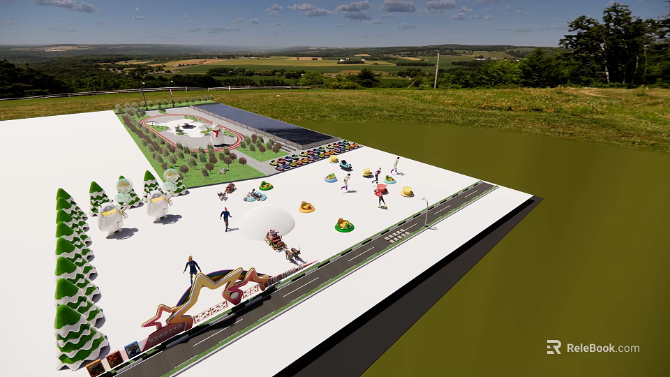Outdoor Sports Fitness Area Design With Green Field And Exercise Facilities 3d model 