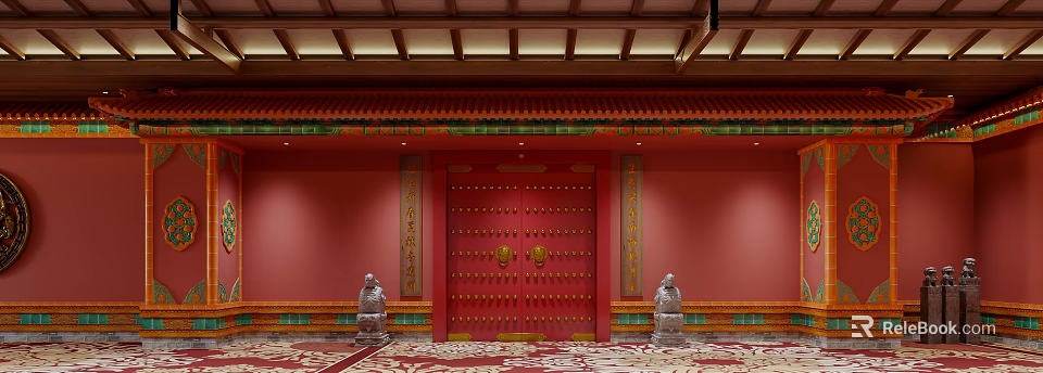 Traditional Chinese Architecture Red Door With Gold Nails Stone Lions And Decorative Beams 3d model 