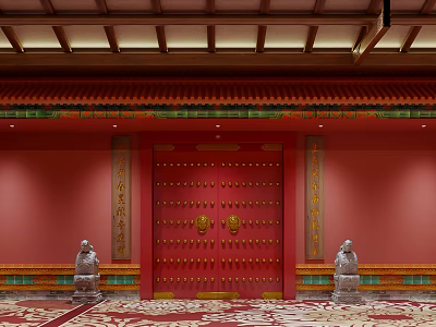 Traditional Chinese Architecture Red Door With Gold Nails Stone Lions And Decorative Beams 3d model
