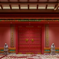 Traditional Chinese Architecture Red Door With Gold Nails Stone Lions And Decorative Beams