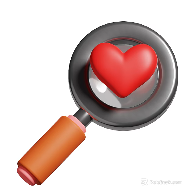 Decorative Ornament Set Featuring Red Heart On Magnifying Glass With Orange Handle 3d model 
