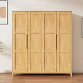 Natural Wood Wardrobe With Four Doors In Bright Room With Wooden Floor And Potted Plant