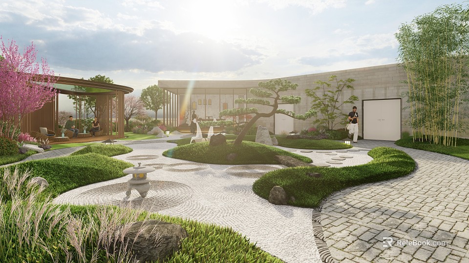 Roof Garden Landscaped Design With Greenery Stone Paths And Natural Sunlight 3d model 