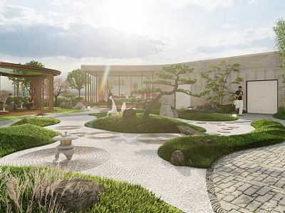 Roof Garden Landscaped Design With Greenery Stone Paths And Natural Sunlight 3d model