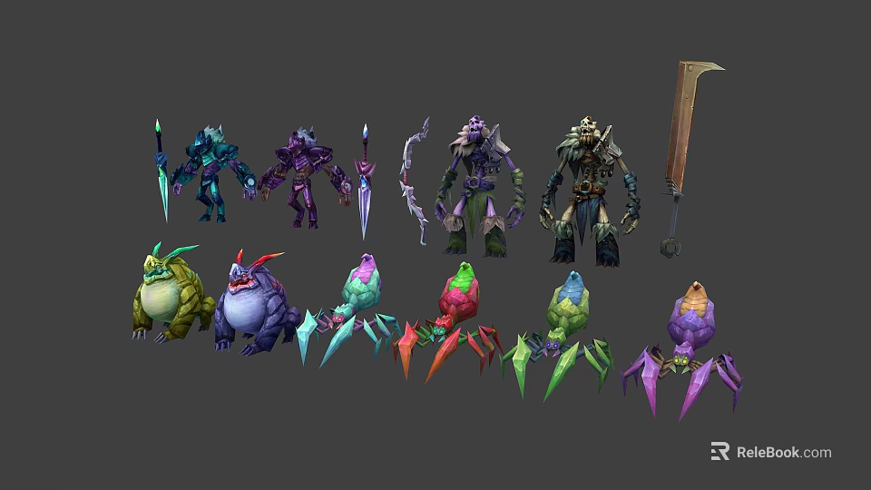 Fantasy Game Characters and Colorful Creatures with Varied Weapons and Armor Designs 3d model 