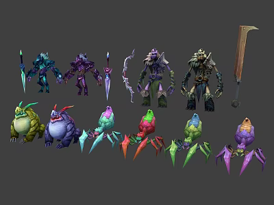 Fantasy Game Characters and Colorful Creatures with Varied Weapons and Armor Designs 3d model