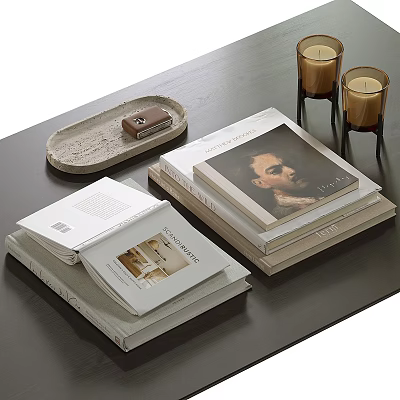 Stacked Books on Table with Open Book Tray Small Item and Candle Holders 3d model