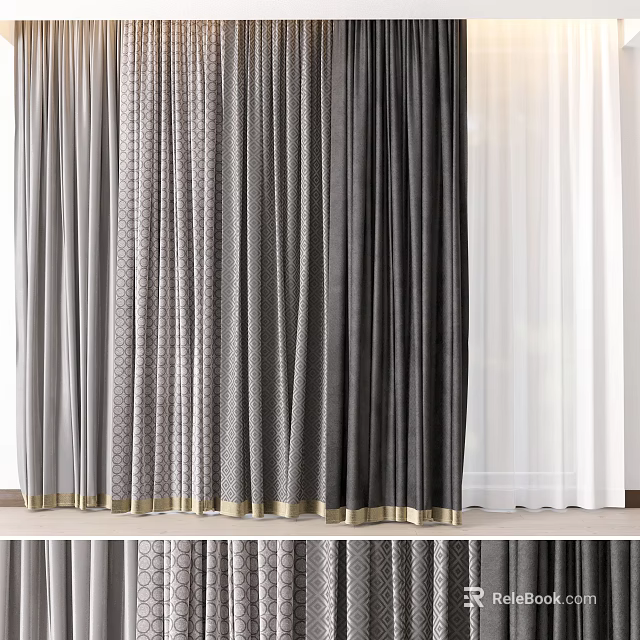 Modern Curtains Featuring Gray Black White Tones With Gold Accent Trim And Textured Fabric 3d model 