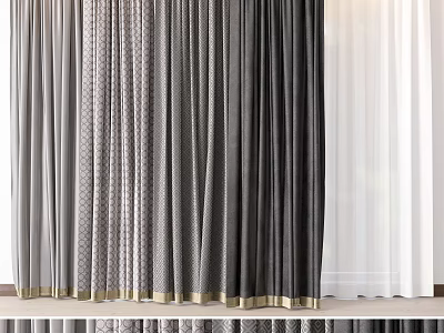 Modern Curtains Featuring Gray Black White Tones With Gold Accent Trim And Textured Fabric 3d model