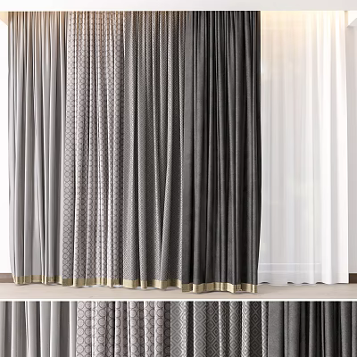 Modern Curtains Featuring Gray Black White Tones With Gold Accent Trim And Textured Fabric 3d model