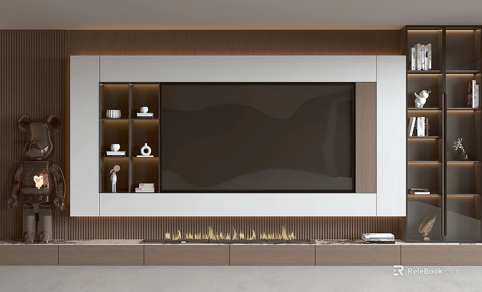 Modern TV Wall Design With Wooden White Panels Built in Display Shelves And Ambient Lighting 3d model 
