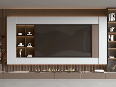 Modern TV Wall Design With Wooden White Panels Built in Display Shelves And Ambient Lighting 3d model