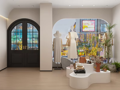 Stylish Clothing Store Interior With Mannequins Dresses Display Tables And Plants 3d model