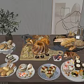 Delicious Assorted Baked Goods with Bread Cake Pastries Desserts on Wooden Table and Fresh Fruits