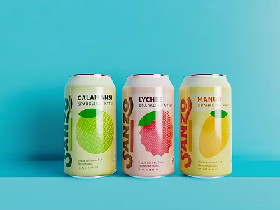 Sanzo Calamansi Lychee Yuzu Flavored Fruit Drink Cans On Blue Background 3d model