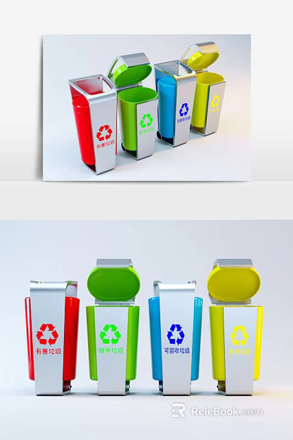 Public Facility Colorful Sorted Recycling Bins With Different Colored Lids And Symbols 3d model 