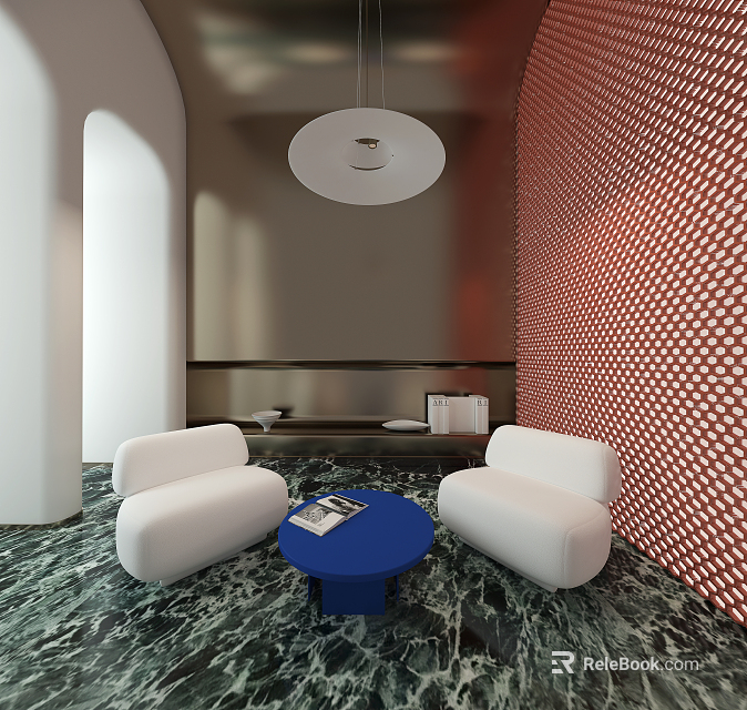 Lounge Area With White Sofas Blue Round Coffee Table Red Grid Wall And Hanging Lamp 3d model 